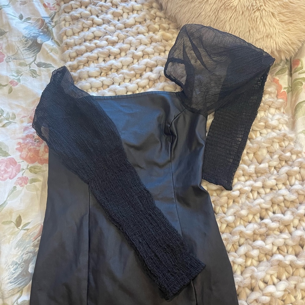 Black faux leather sheer sleeve dress mini dress